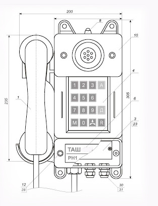 Схема габаритных размеров телефонного аппарата ТАШ-41П-С