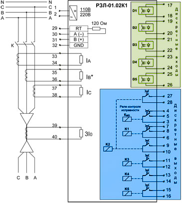 Схема подключений внешних цепей к РЗЛ-01.02К1